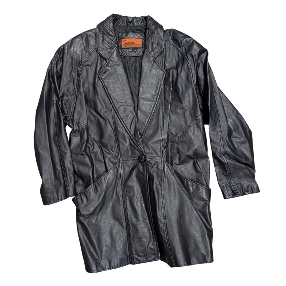 Cayenne Leather Mens Black Vintage Longline Leather Trench Coat Jacket Medium